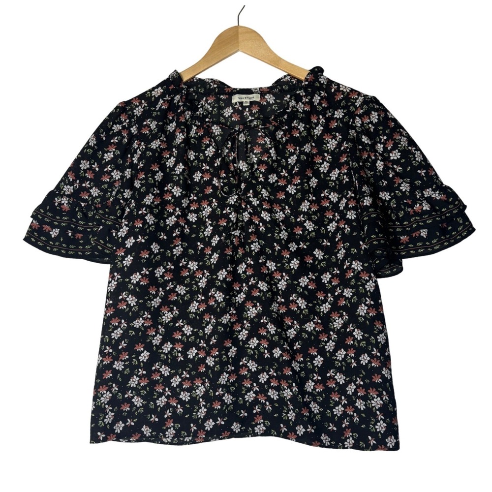 Max Studio Floral‎ Tie Neck Ruffle Sleeve Boho Blouse Top Womens Size Medium